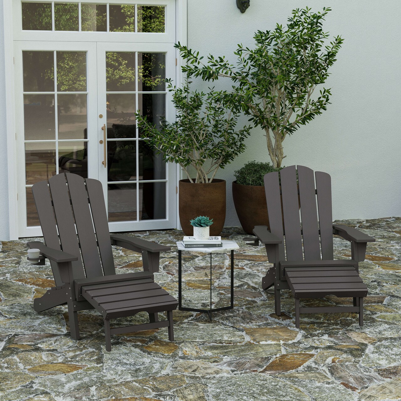 Merrick Lane Ridley HDPE Adirondack Chair with Cup Holder and Pull Out Ottoman, All-Weather HDPE Indoor/Outdoor Lounge Chair